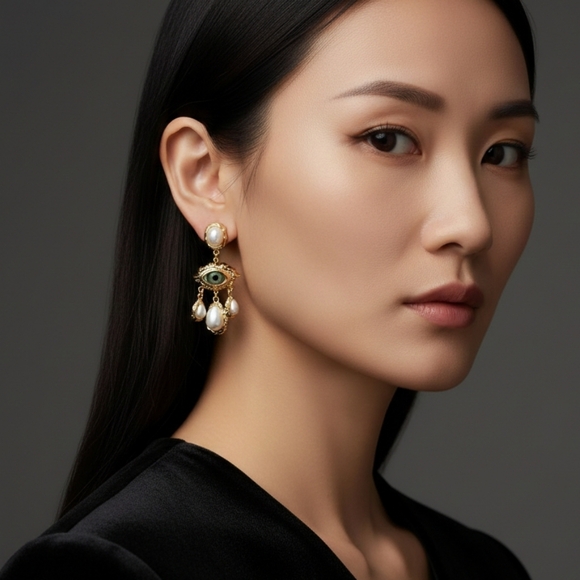 🆕️ Schiaparelli Style Elegant Gold and Pearl Evil Eye Drop Earrings NWOT - Picture 5 of 11